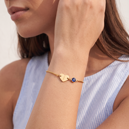 Pulseira Coração Com Inicial e Pedra de Nascimento