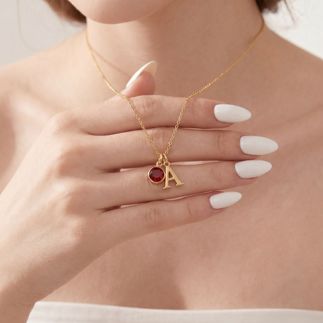 Colar Personalizado Com Inicial e Pedra de Nascimento