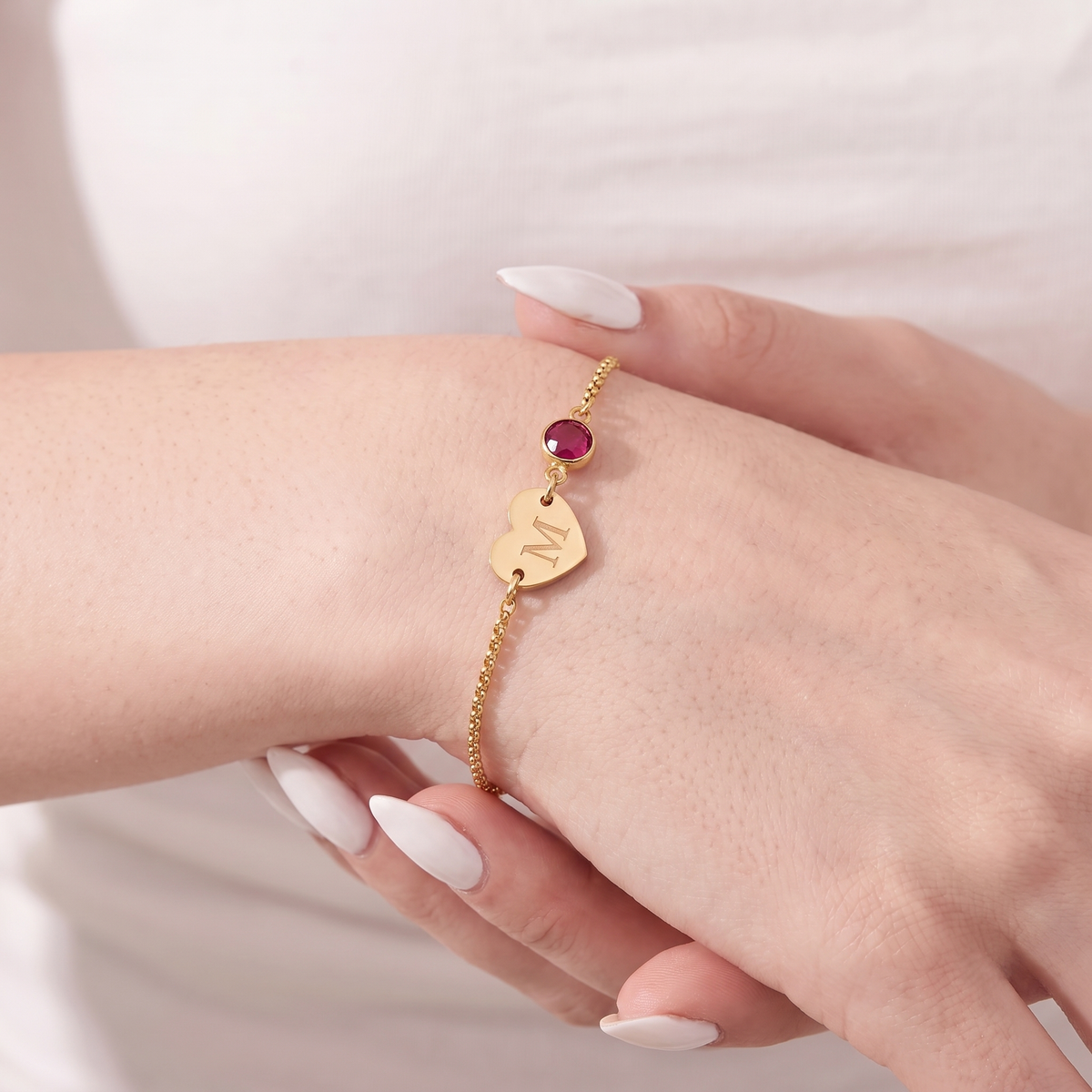 Pulseira Coração Com Inicial e Pedra de Nascimento